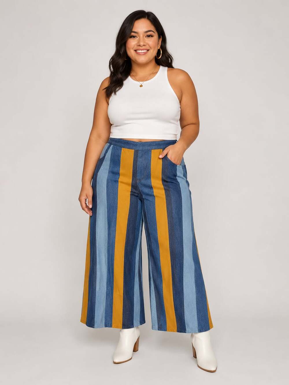 Boho Multi-Color Striped Wide Leg Denim Culottes